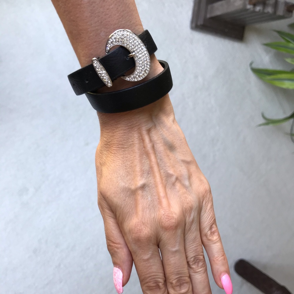 Unique black bracelet with clear rhinestone buckle